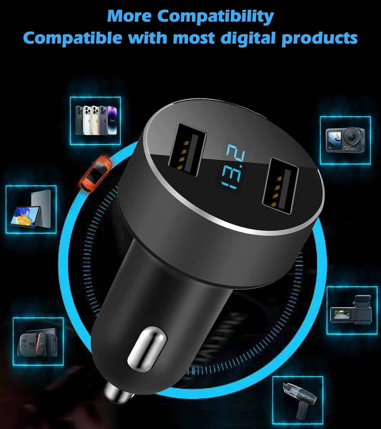 2 USB Car Charger,12V/24V Voltage Meter, Output 4.8A, Cigarette Lighter Plug Adapter Compatible with Iphone,Ipad, Samsung, USB Charging Devices, Black