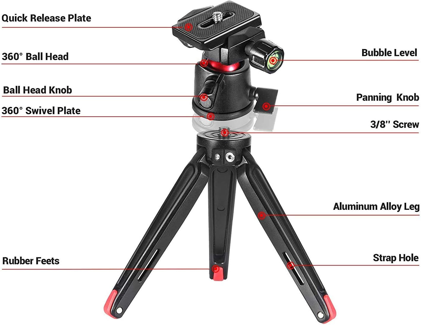 Tabletop Tripod, Mini Desktop Travel Tripod Aluminum Alloy with 360 Degree Ball Head and Quick Release Plate Lightweight and Portable for Compact Cameras Dslrs, Phone, Gopro（Black）- BUT2287
