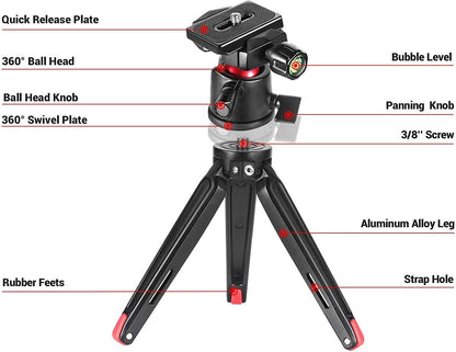 Tabletop Tripod, Mini Desktop Travel Tripod Aluminum Alloy with 360 Degree Ball Head and Quick Release Plate Lightweight and Portable for Compact Cameras Dslrs, Phone, Gopro（Black）- BUT2287
