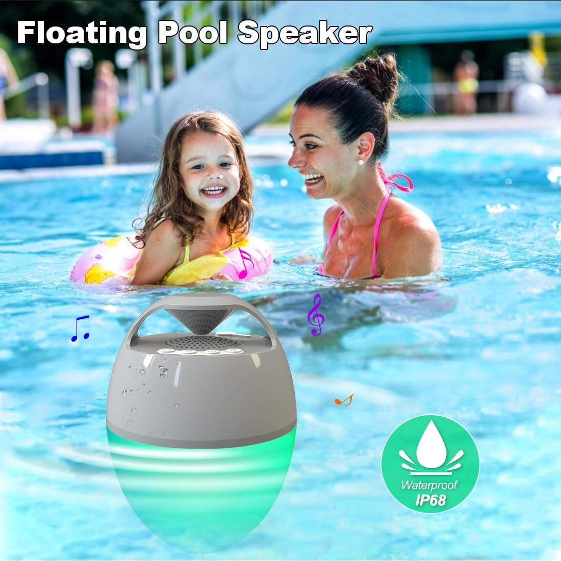 Floating Pool Speaker with Lights, Portable Bluetooth IP68 Waterproof Hot Tub Speaker for Outdoor Sports Home Party, Louder Volume, Rich Bass, Mic, 82Ft Wireless Range