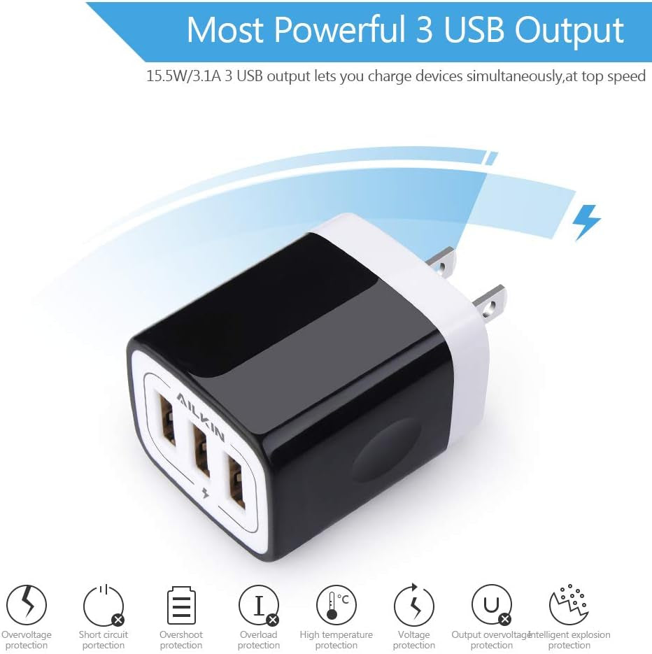 Wall Charger Plug,  USB Plug Wall, 3Multiport Home Charger Station Cube Box Charger Outlet Base Brick Block Replacement for Iphone, Ipad, and Iwatch Charger Plug (Black)