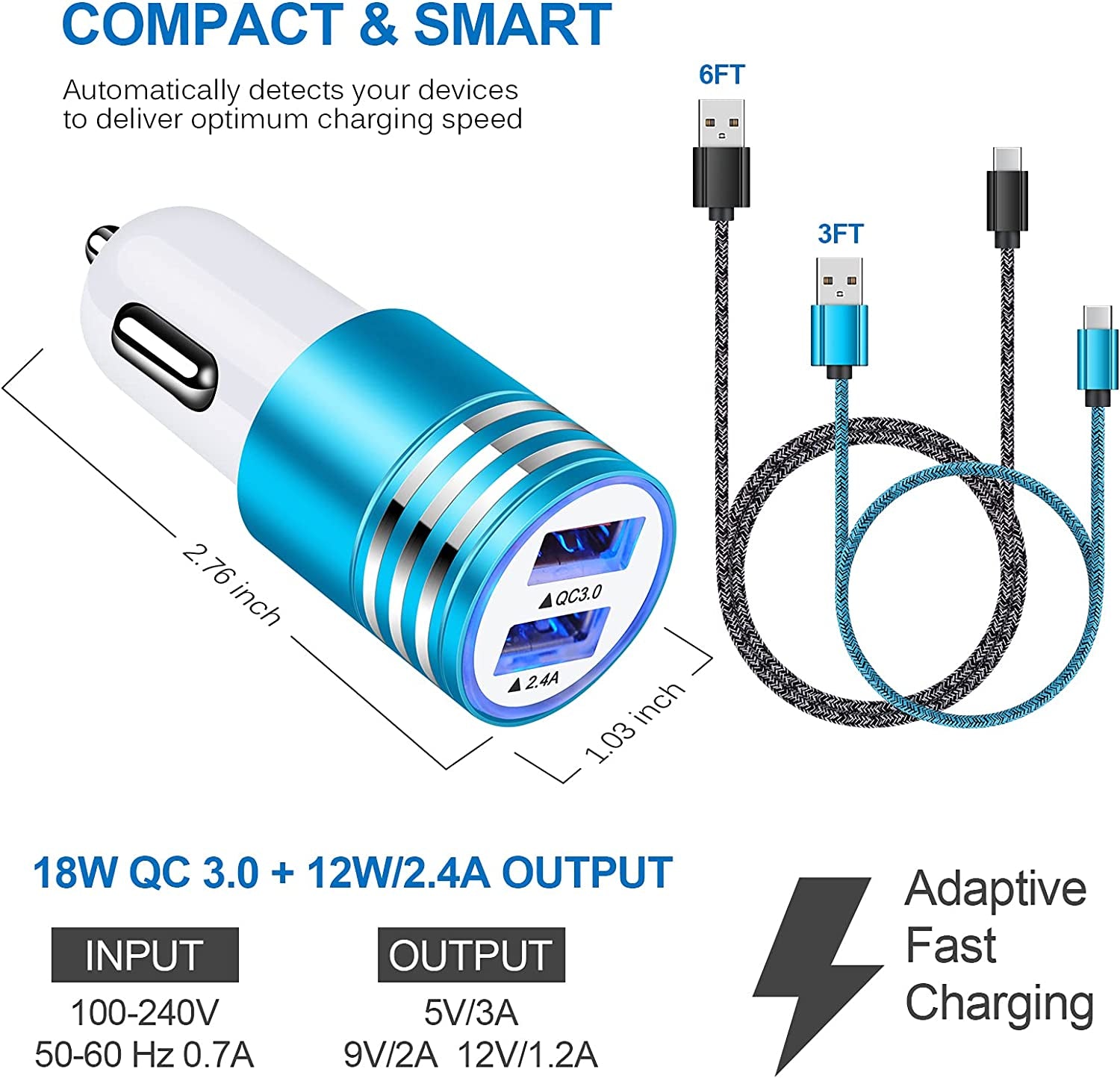 Quick Charge 3.0 Fast Charger for Samsung Galaxy S24 S23 S22 S21 Ultra S20 S10E S10 A15 A54 A03S A23 A13 A14 A53 A12 A32 A21 A51 S9 S8 Note 20,Fast Charging Block Wall Car Charger+3Ft 6FT USB C Cable
