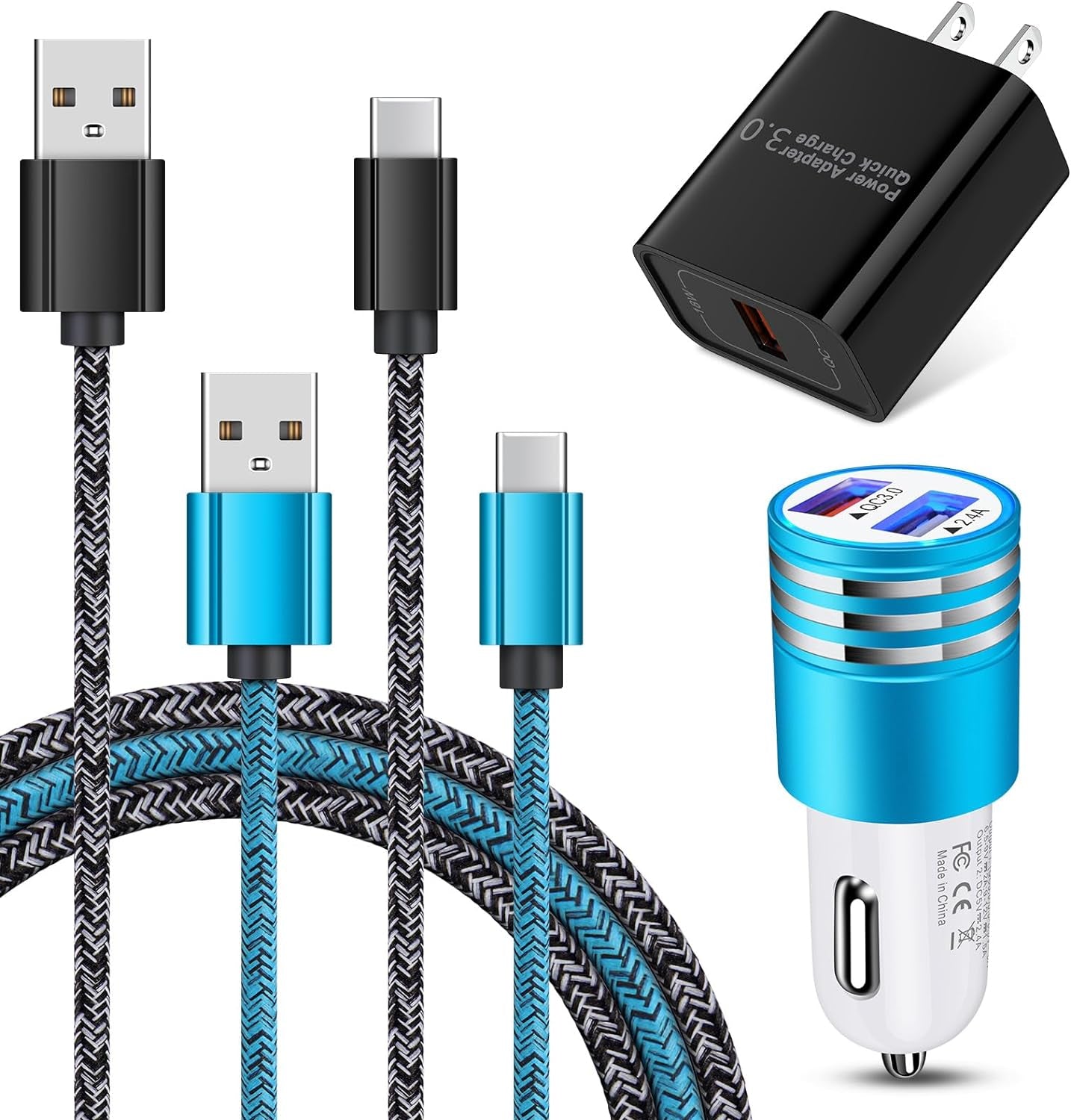Quick Charge 3.0 Fast Charger for Samsung Galaxy S24 S23 S22 S21 Ultra S20 S10E S10 A15 A54 A03S A23 A13 A14 A53 A12 A32 A21 A51 S9 S8 Note 20,Fast Charging Block Wall Car Charger+3Ft 6FT USB C Cable
