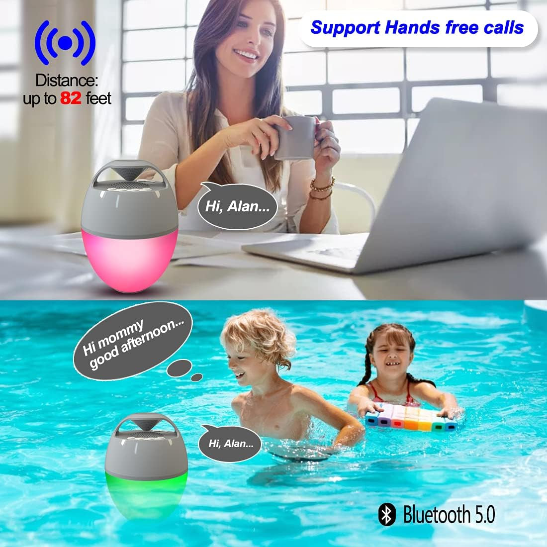 Floating Pool Speaker with Lights, Portable Bluetooth IP68 Waterproof Hot Tub Speaker for Outdoor Sports Home Party, Louder Volume, Rich Bass, Mic, 82Ft Wireless Range