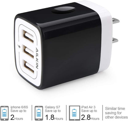 Wall Charger Plug,  USB Plug Wall, 3Multiport Home Charger Station Cube Box Charger Outlet Base Brick Block Replacement for Iphone, Ipad, and Iwatch Charger Plug (Black)